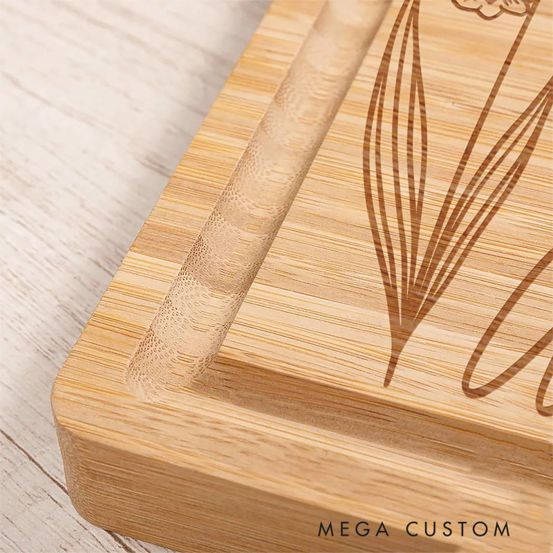 Personalized Line Style Birth Flower Cutting Board for Bakers Bamboo Charcuterie Serving Tray Thanksgiving Bread Board for Baking Lover Gift