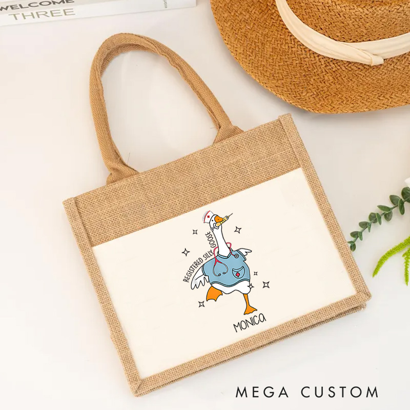 Personalised Nurse Burlap Tote Bag Registered Silly Goose Design Perfect Gift for Yourself or a Loved One