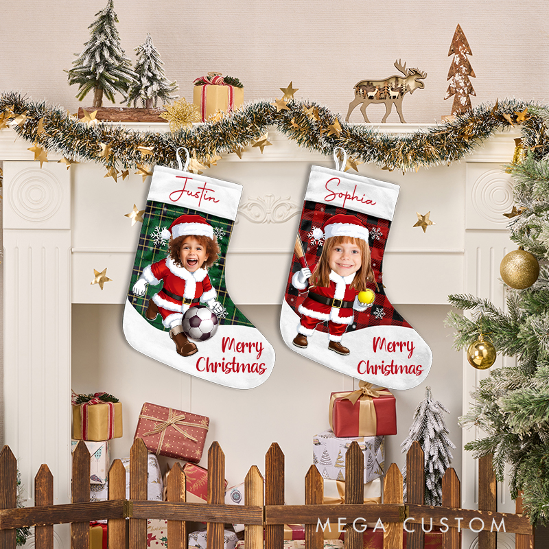 Personalized Plaid Christmas Stocking with Sporty Santa Photo and Name  
