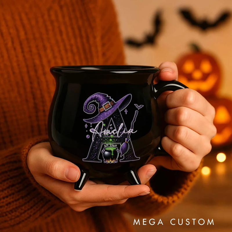 Personalized Magic Pot and Witch Hat Glitter Initial Black Cauldron Ceramic Coffee Mug with Name Trick or Treat Halloween Party Gift