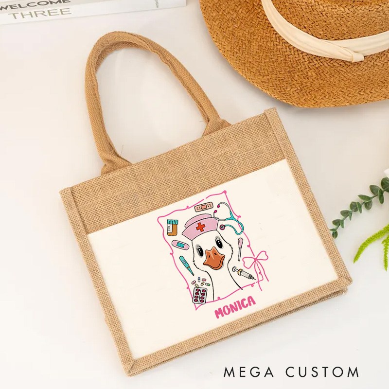 Personalised Nurse Burlap Tote Bag Nurse Goose Design Perfect Gift for Yourself or a Loved One