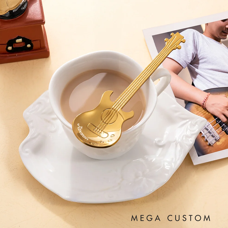 Personalized Multicolor Bass Guitar Shape Spoon with Engraved Name Kitchen Funny Gift for Guitar Player