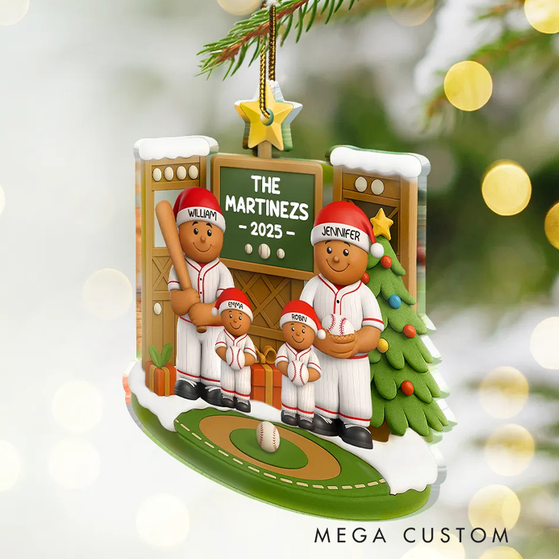 Personalized Acrylic 3D Christmas Ornament Baseball Gingerbread Family on the Field with Custom Family Details