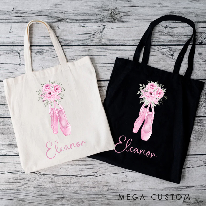 Personalized Flowery Ballet Shoes Tote Bag Dance Bag Ballet Lover Tote with Name for Dance Lovers Dancer