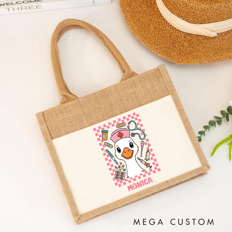 Personalised Nurse Burlap Tote Bag Nurse Goose on Duty Design Perfect Gift for Yourself or a Loved One