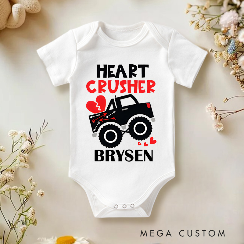 Personalized Heart Crusher Truck Valentine's Baby Onesie Gift for New Baby