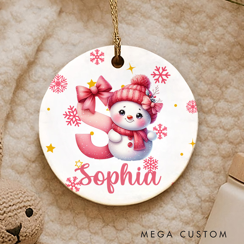 Personalized Cute Cartoon Santa Hat Snowman Initial Ceramic Christmas Ornament with Name Christmas Gift