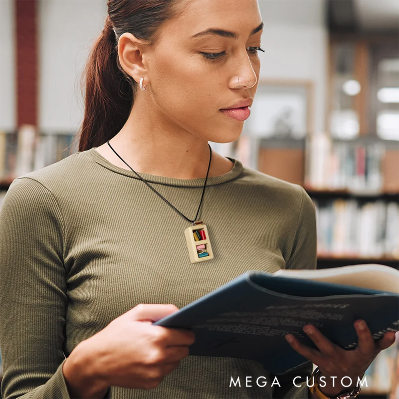 Personalized Handmade Miniature Bordeaux Bookshelf Necklace with Name Wooden Necklace with Name and Leather Books Gift for Bookworms Book Lovers Gift