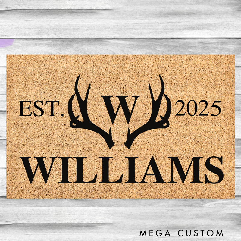 Personalized Name Doormat Antlers Deer Ranch Welcome Mat Rug Hunting Country Home Decor Custom Hunter Gift