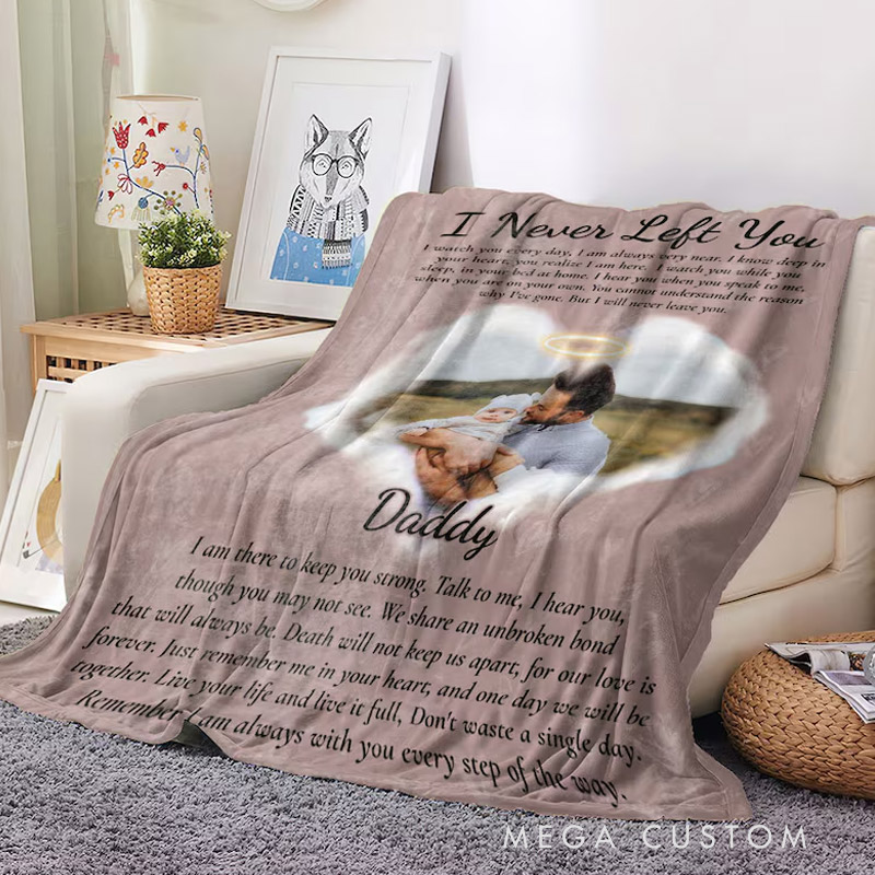Personalized I Never Left You Memorial Blanket Memorial Photo Blanket Loss of Father Blanket Sympathy Blanket In Heaven Blanket