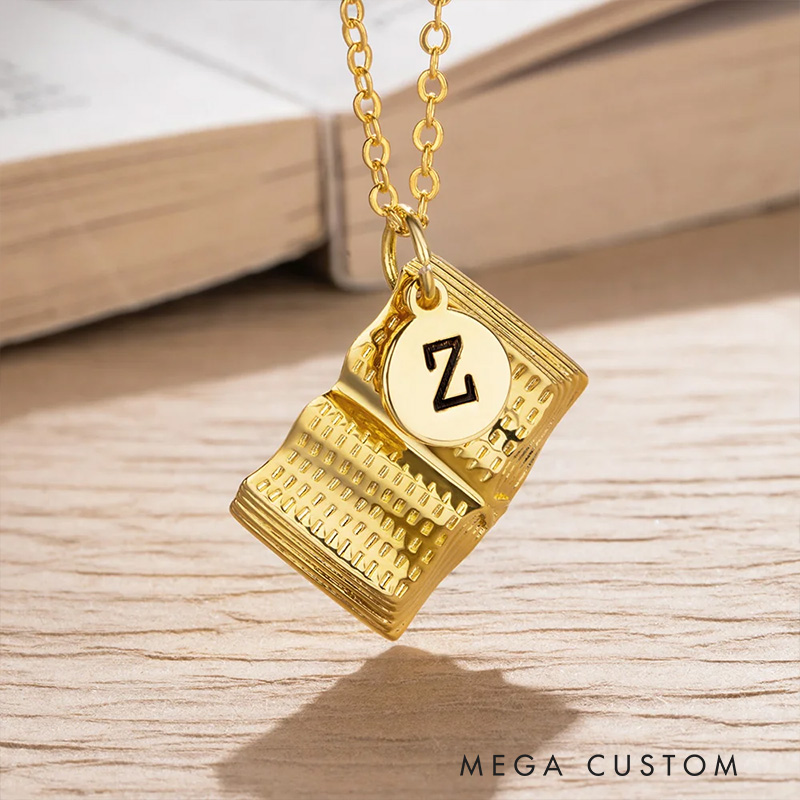 Personalized Book Charm Necklace with Engraved Letter Birthday Gift for Book Lovers Writer Gift