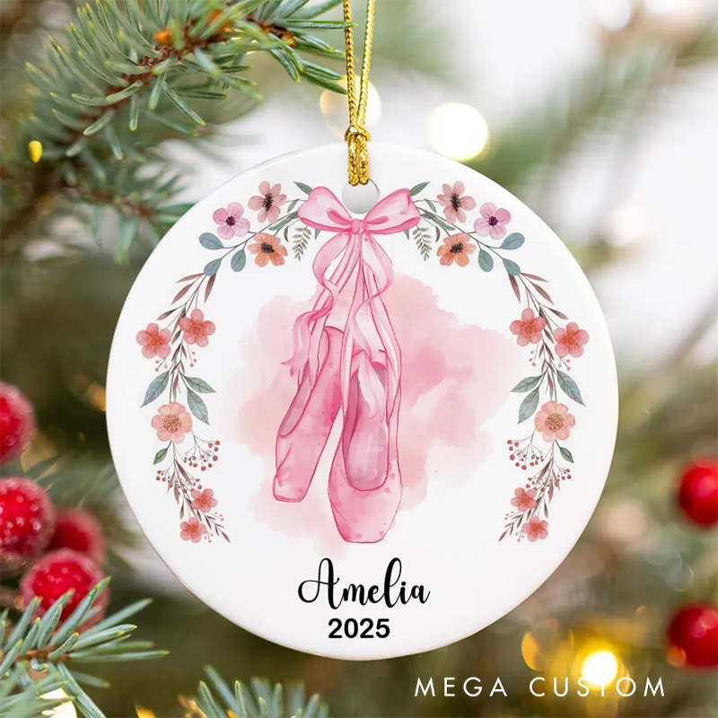 Personalized Watercolor Floral Ballet Shoes Ceramic Christmas Ornament Dance Lovers Christmas Gift Dancer Xmas Gift Christmas Decor