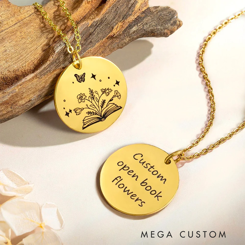 Personalized Open Book Birth Flower Bouquet Necklace Engraved Necklace with Name Text Birthday Gift for Book Lover Librarian Gift