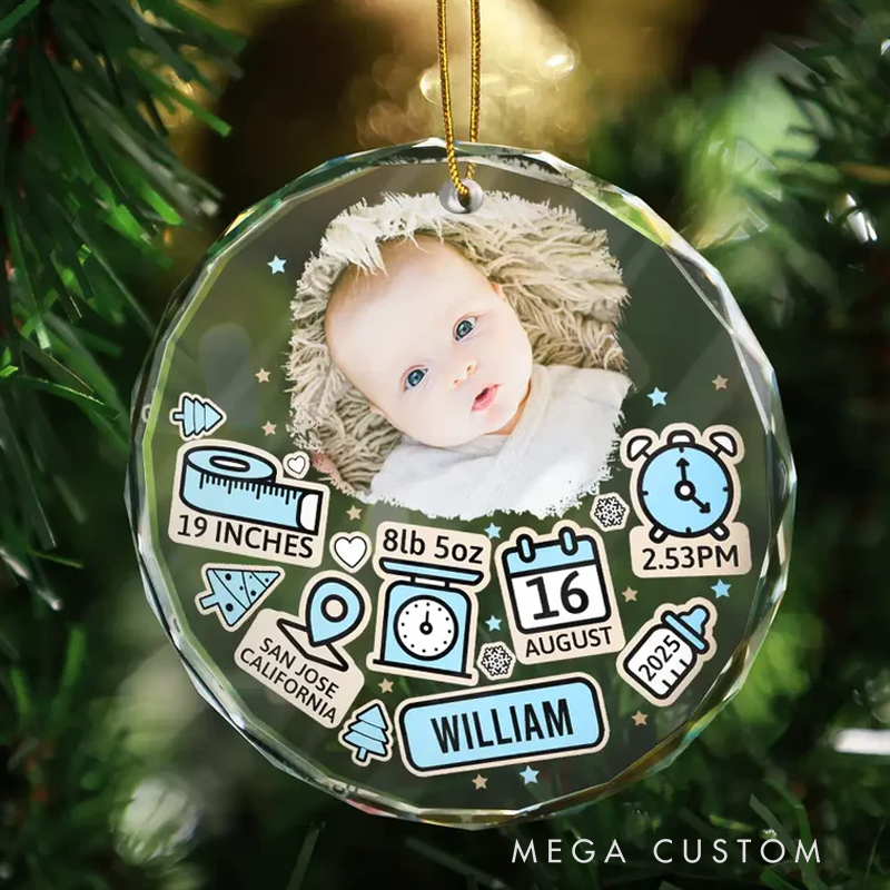 Personalized Photo Baby First Christmas Circle Glass Ornament