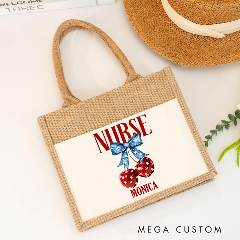 Personalised Nurse Burlap Tote Bag Nurse Sweet and Patriotic Design Perfect Gift for Yourself or a Loved One