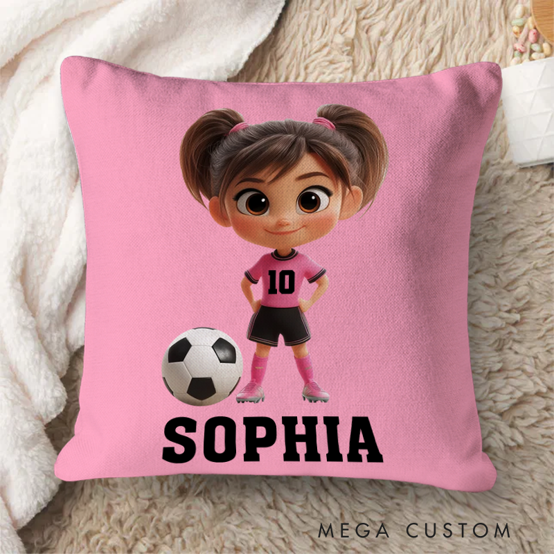 Personalized Soccer Pillow with Custom Name and Cute Cartoon Character Design