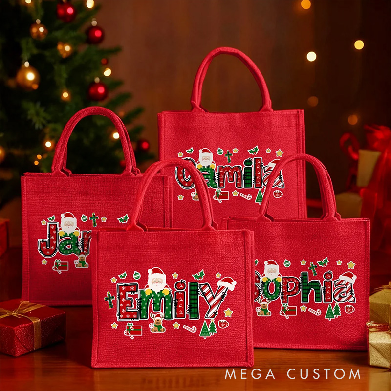 Personalized Cross Santa Claus Christmas Theme Alphabet Large Jute Tote Bag with Name Religious Christmas Festival Party Gift for Kids Family Friends