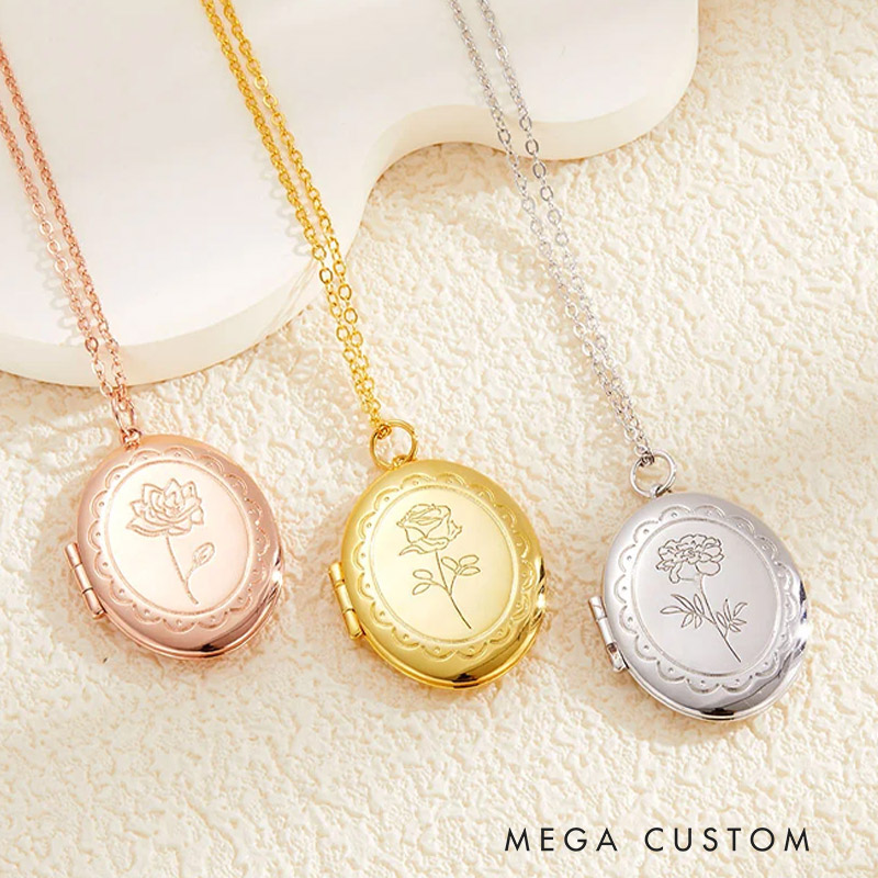 Personalized Engraved Birth Flower Locket Necklace with Photo and Initial Mother's Day Birthday Gift for Women Gardening Lovers