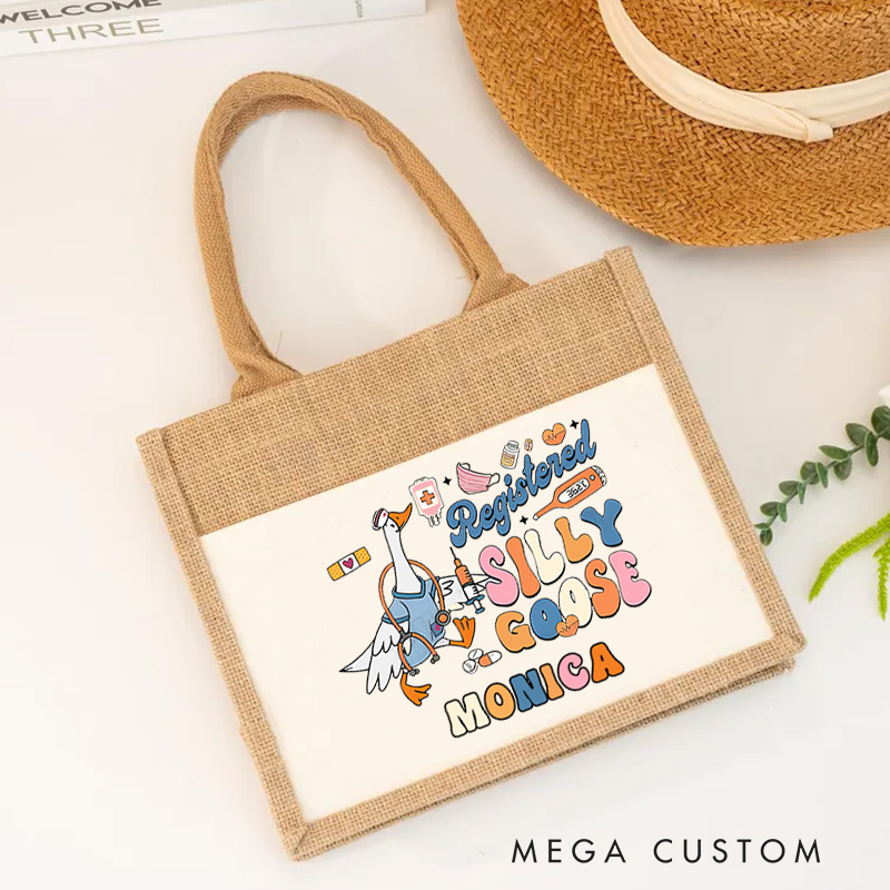 Personalised Nurse Burlap Tote Bag Registered Silly Goose Nurse Edition Design Perfect Gift for Yourself or a Loved One