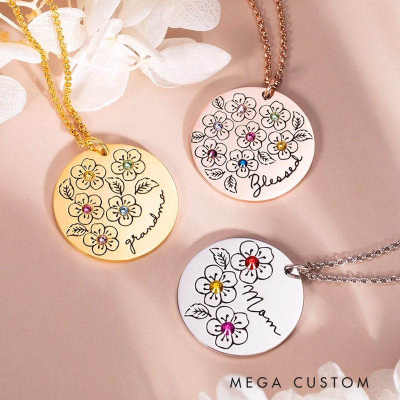 Personalized Family Birthstone Sakura Flower Necklace with Engraved Name Dainty Jewelry Mother's Day Birthday Gift for Her