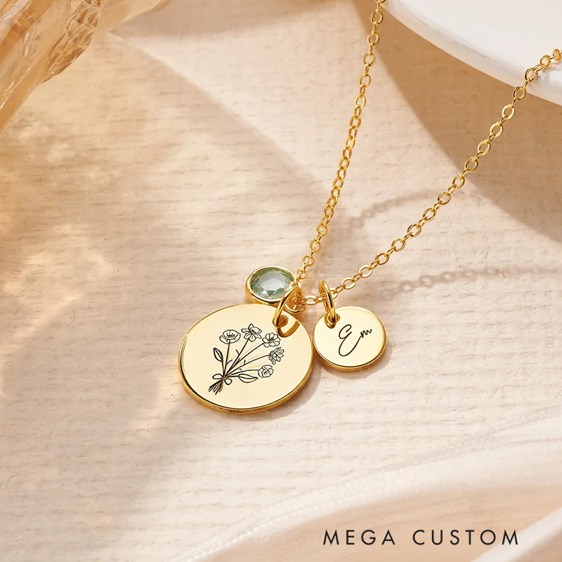 Personalized Disc Birth Flower Birthstone Pendant Necklace with Engraved Name Dainty Jewelry Mother's Day Birthday Gift for Her