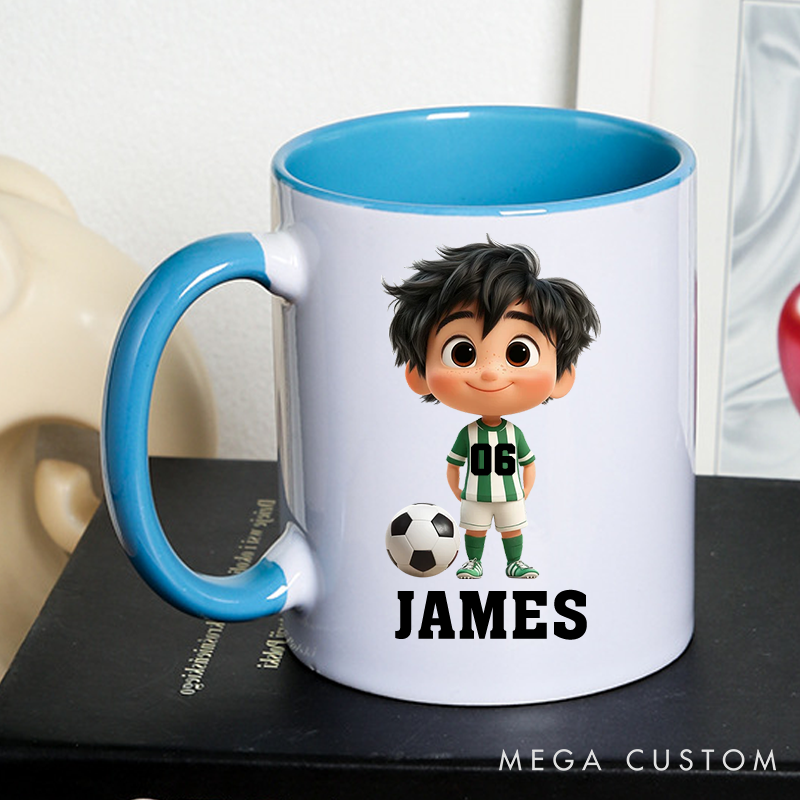 Personalized Soccer Mug with Custom Name and Cartoon Character Design