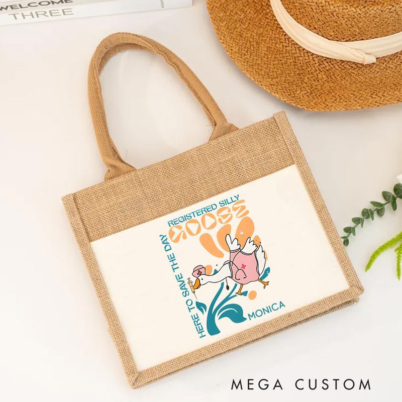 Personalised Nurse Burlap Tote Bag Registered Silly Goose Here to Save the Day Design Perfect Gift for Yourself or a Loved One