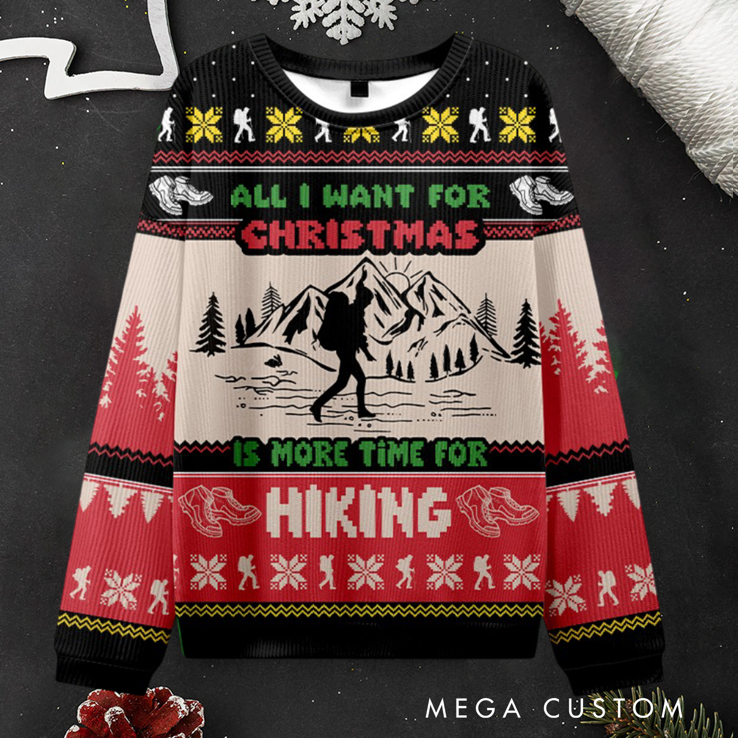 Personalized Hiking Themed Ugly Christmas Sweater for Outdoor Adventure Enthusiasts