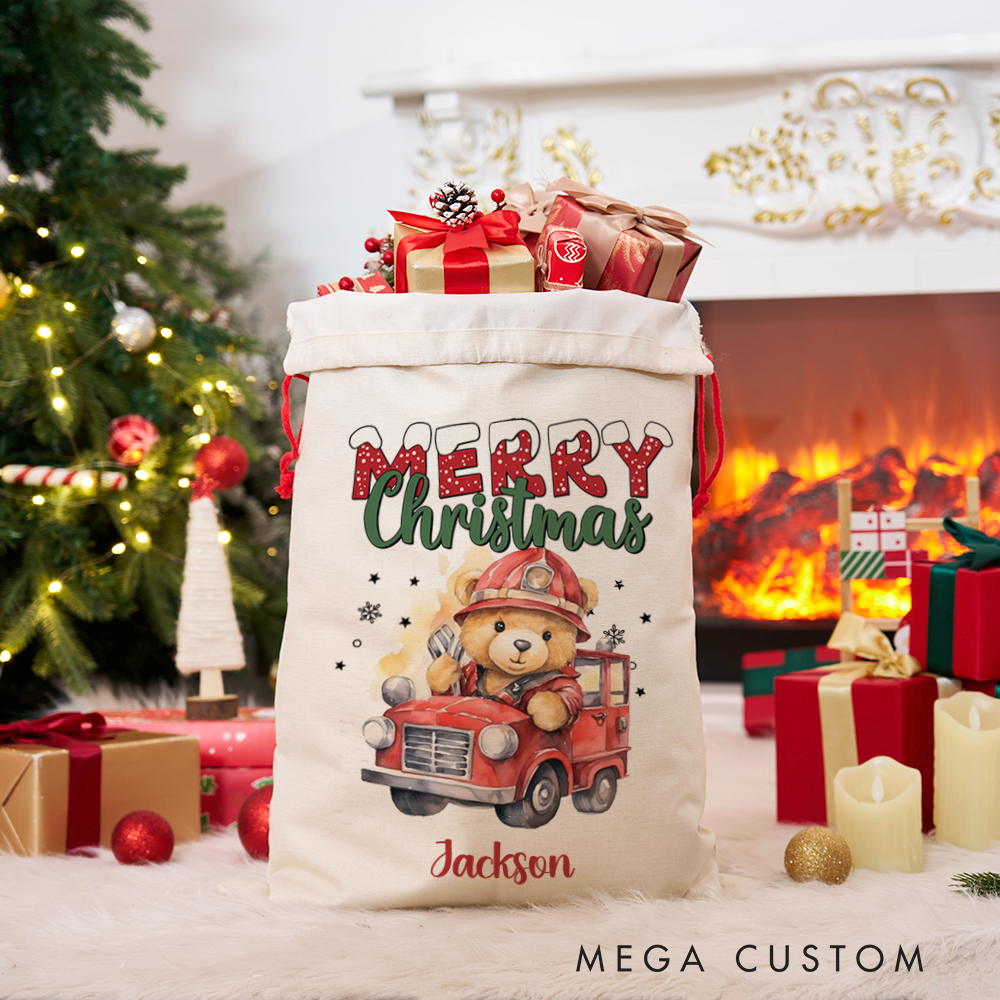 Personalized Merry Christmas Sack with Firefighter Theme Adorable Teddy Bear Design Perfect Holiday Gift for Firefighters