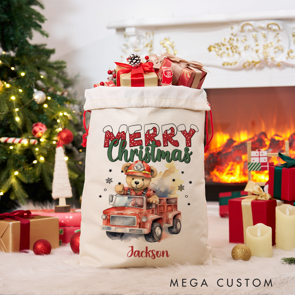 Personalized Merry Christmas Sack with Firefighter Theme Featuring Adorable Teddy Bear Design Perfect Holiday Gift for Firefighters
