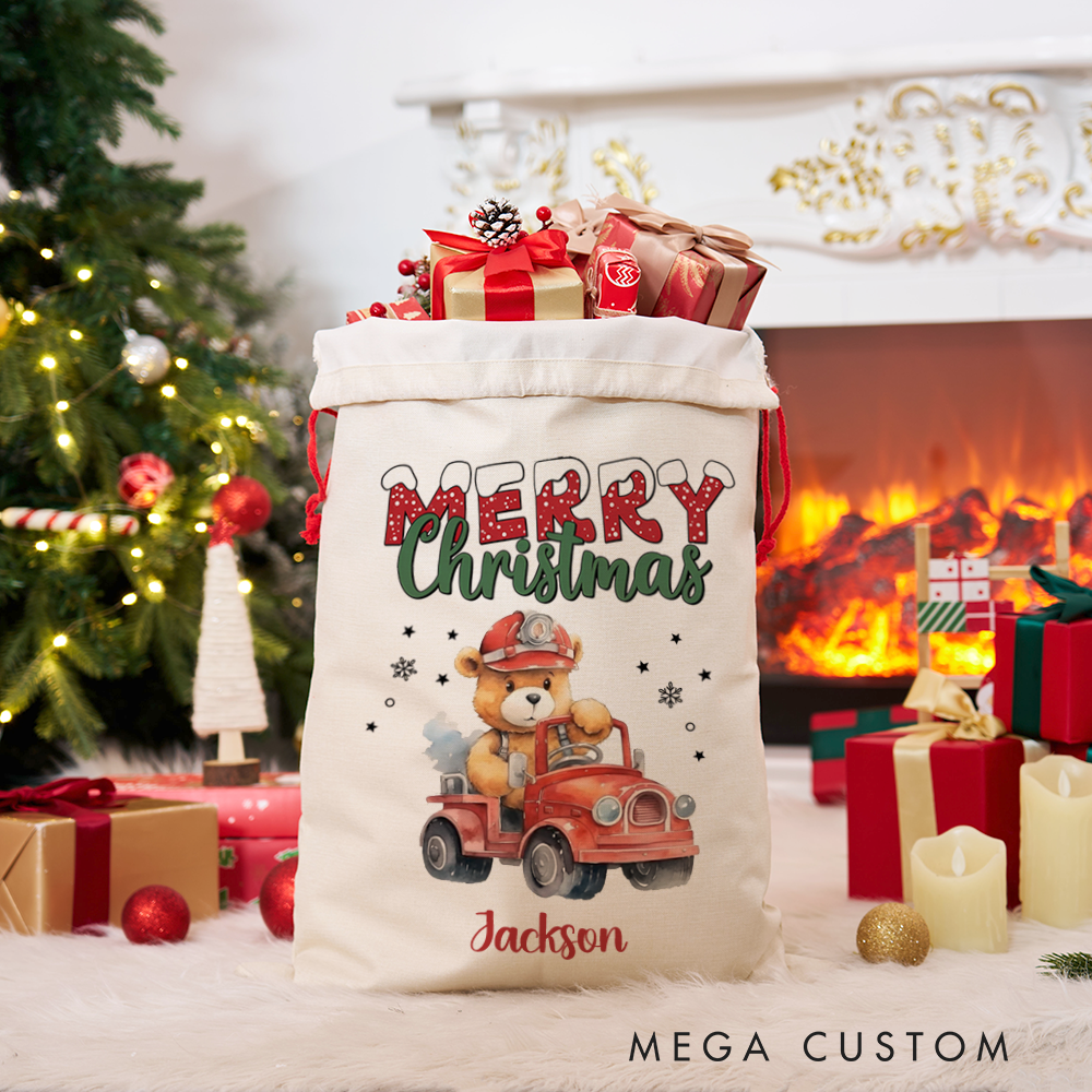 Personalized Merry Christmas Sack with Firefighter Cute Teddy Bear in Fire Truck Design Perfect Holiday Gift for Firefighters