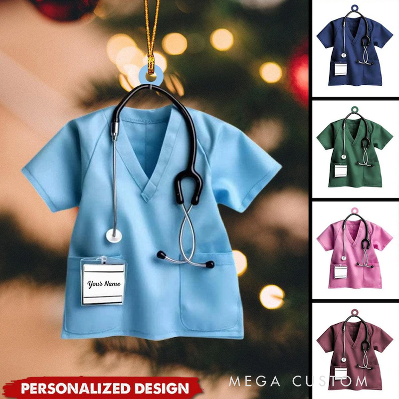 Personalized Scrubs Ornament with Stethoscope Custom Name Acrylic Ornament Christmas Gift for Nurse