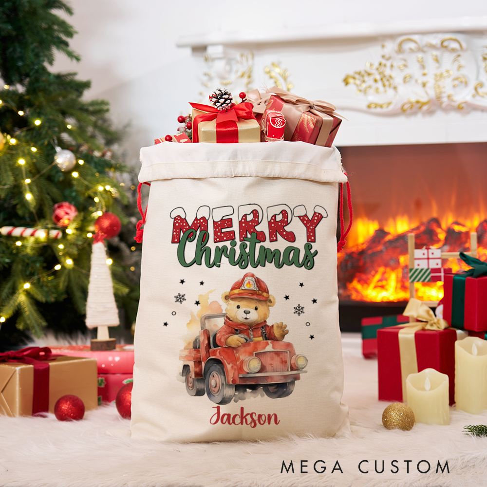 Personalized Merry Christmas Sack with Firefighter Teddy Bear Driving a Fire Truck Perfect Holiday Gift for Firefighters