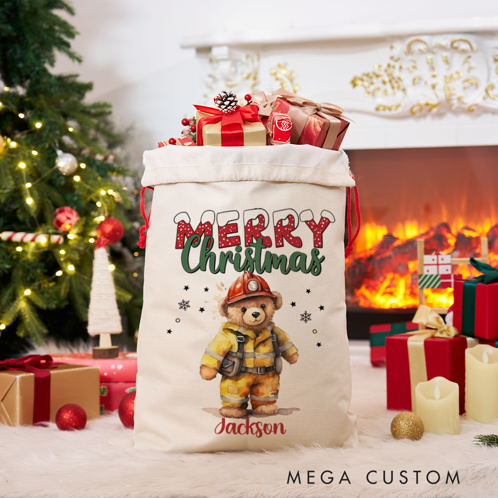 Personalized Merry Christmas Sack with Firefighter Theme Teddy Bear in Firefighter Gear Perfect Holiday Gift for Firefighters