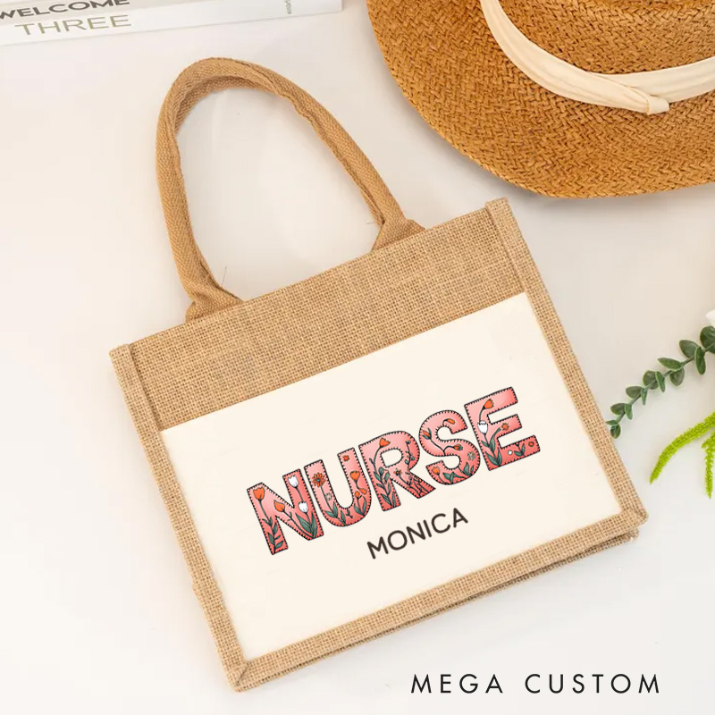 Personalised Nurse Burlap Tote Bag Nurse Blooming with Care Design Perfect Gift for Yourself or a Loved One