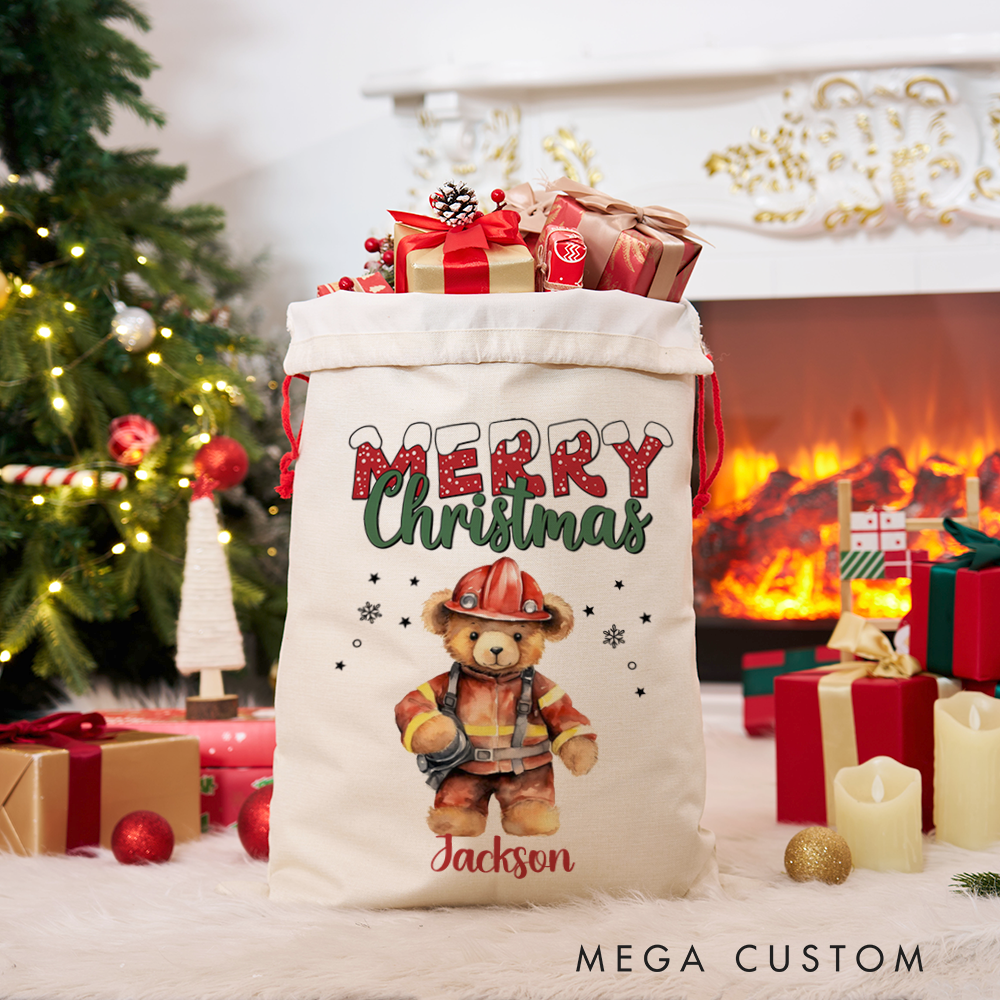 Personalized Merry Christmas Sack with Firefighter Teddy Bear in Firefighter Uniform Perfect Holiday Gift for Firefighters