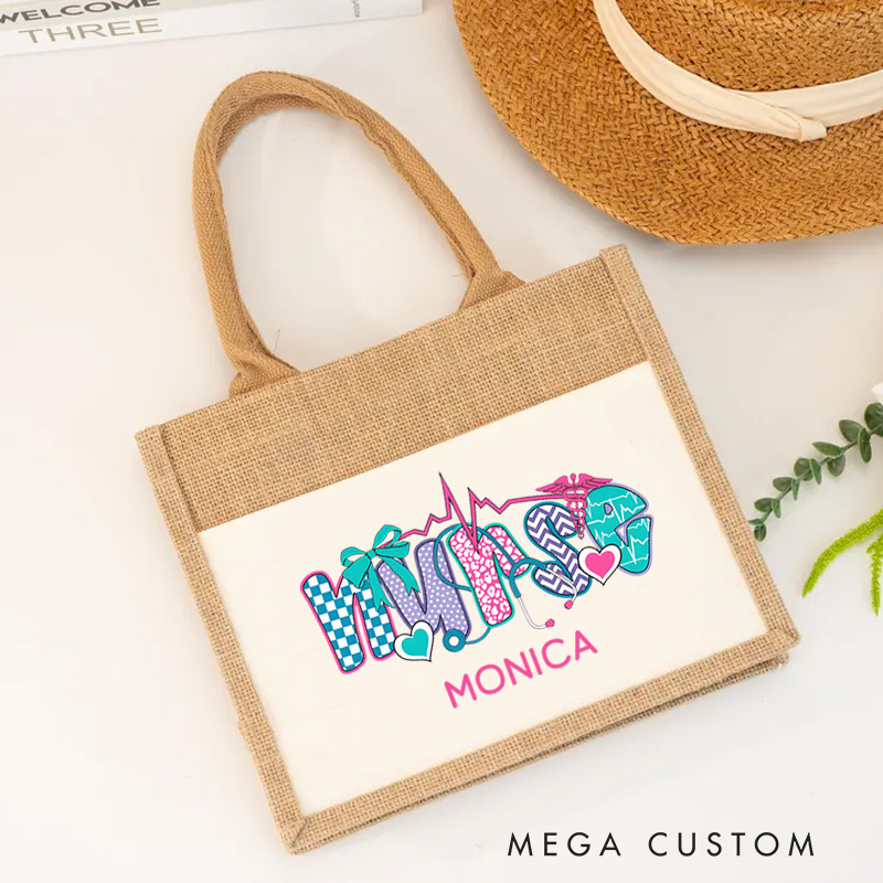 Personalised Nurse Burlap Tote Bag Whimsical Nurse Design Perfect Gift for Yourself or a Loved One