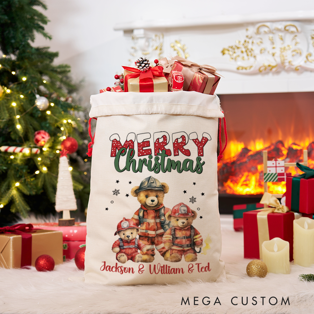Personalized Merry Christmas Sack with Firefighter Design Perfect Holiday Gift for Firefighters