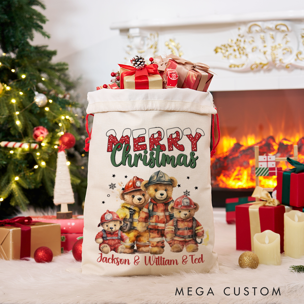 Personalized Merry Christmas Sack Teddy Bear Family with Firefighter Design Perfect Holiday Gift for Firefighters