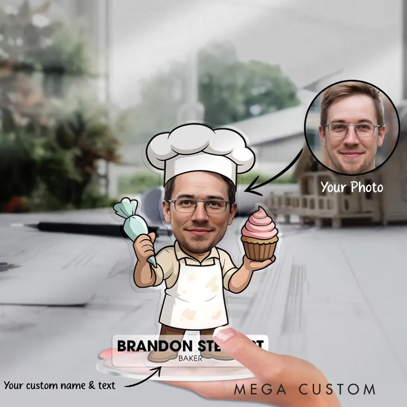 Personalized Baker Figurine Christmas Ornament Photo Caricature Portrait Desk Name Ornament Acrylic Shelf Sign Bakery Shop Decor for Baking Lover Gift