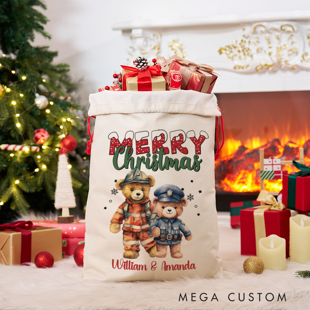 Personalized Merry Christmas Sack Firefighter and Police Officer Design Perfect Holiday Gift