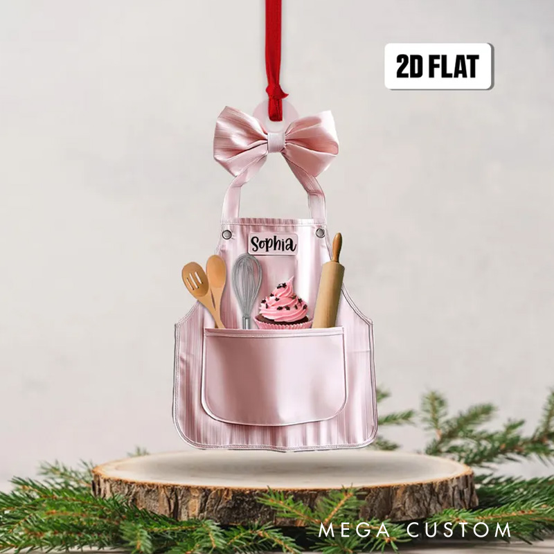 Personalized Baker Christmas Ornament 2D Flat Acrylic Ornament with Name Baking Apron Ornament Bakery Shop Decor for Baking Lover Gift