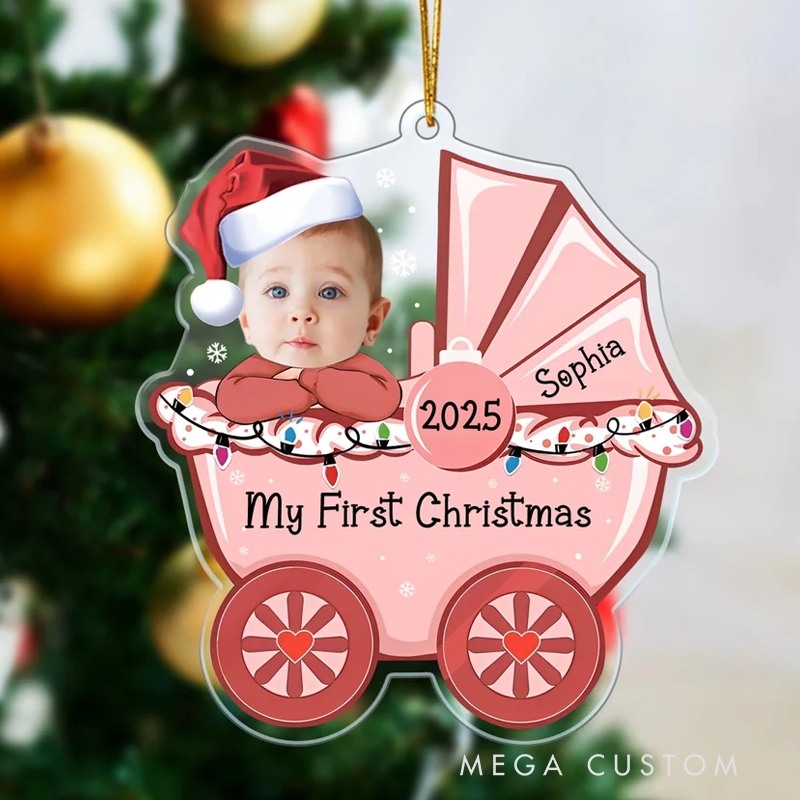 Personalized Cute Stroller Baby's First Christmas Face Photo Acrylic Ornament with Name and Year Home Decoration Christmas Gift for Babies