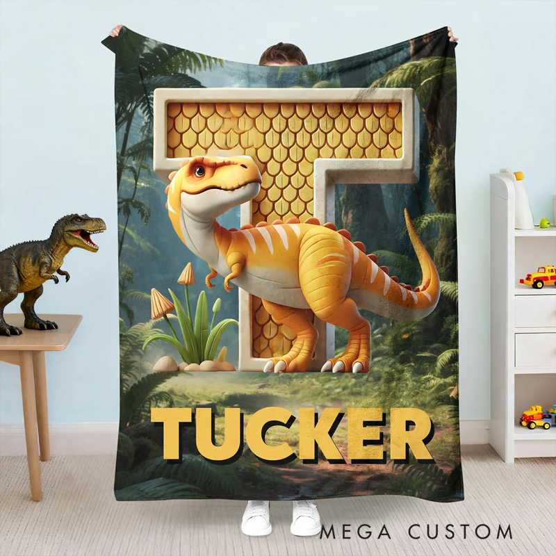 Personalized 3D Dinosaur Multicolor Soft Throw Blanket with Initial and Name Home Decor Christmas Gift