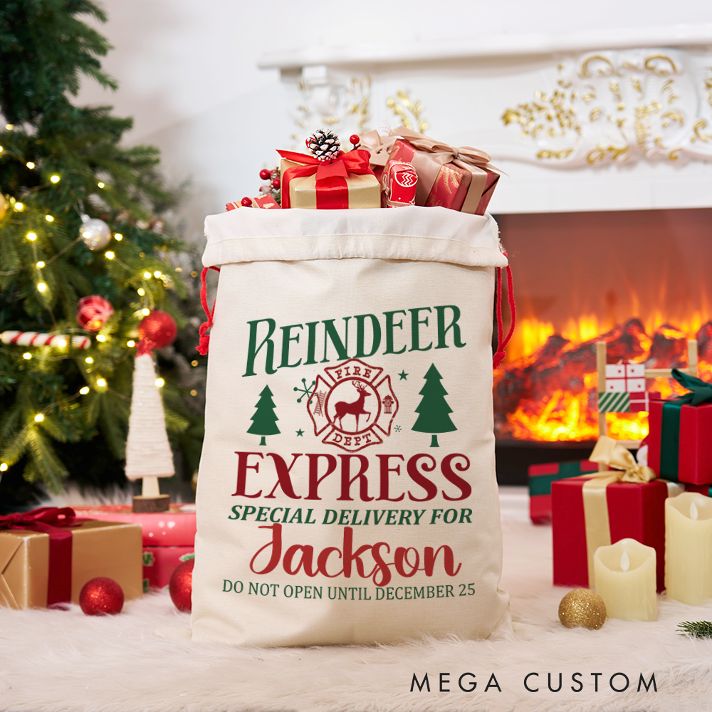 Personalized Reindeer Express Christmas Sack Special Delivery Design for Firefighter Holiday Gifts