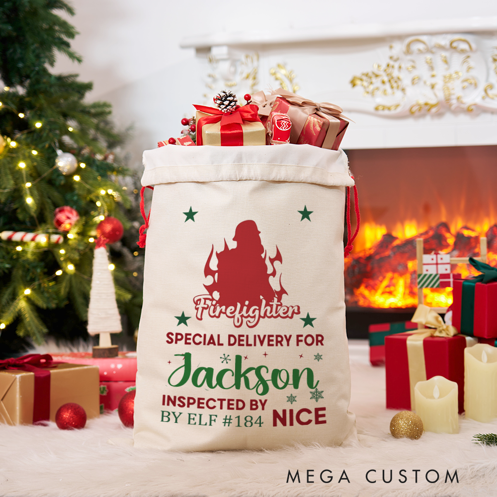 Personalized Firefighter Christmas Sack Special Delivery Design Perfect for Holiday Gifts