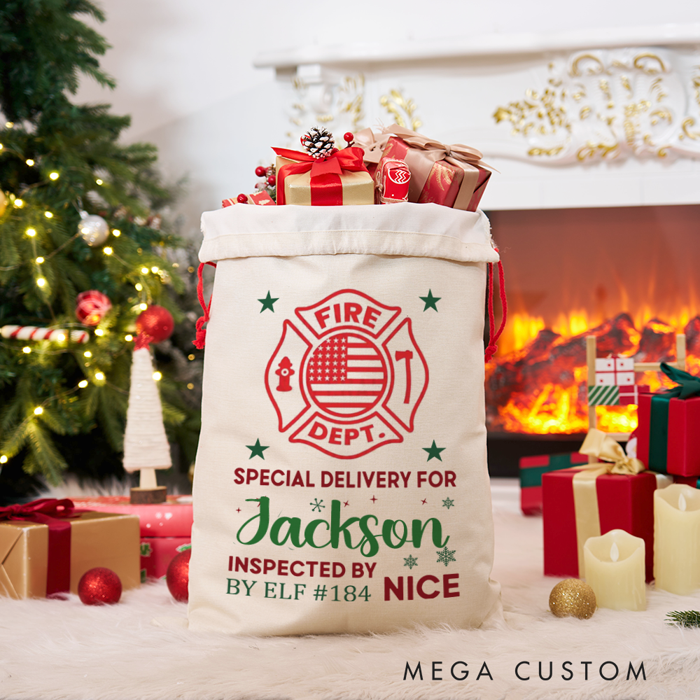 Personalized Firefighter Christmas Sack with Fire Department Design Special Delivery for Holiday Gifts
