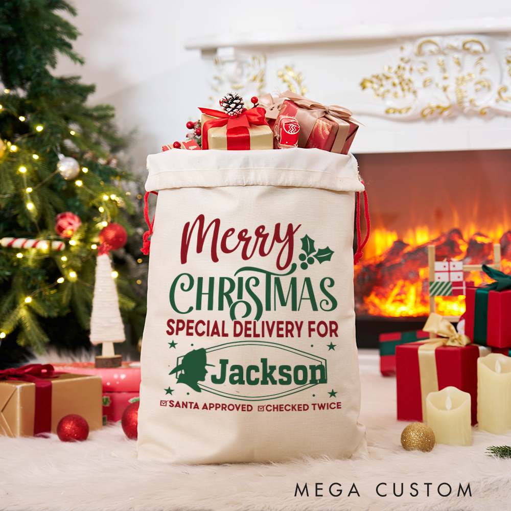 Personalized Merry Christmas Sack Special Delivery Design Santa Approved Perfect for Firefighter Holiday Gifts