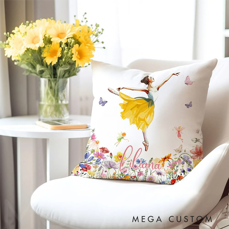 Personalized Birth Flower Butterfly Ballet Girl Throw Pillow Home Decor Birthday Gift for Girls Women Dancers