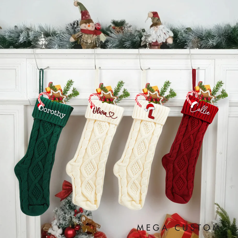Personalized Knitted Christmas Stocking with Embroidery Name Letter Fireplace Christmas Tree Decor Hanging Ornament Gift